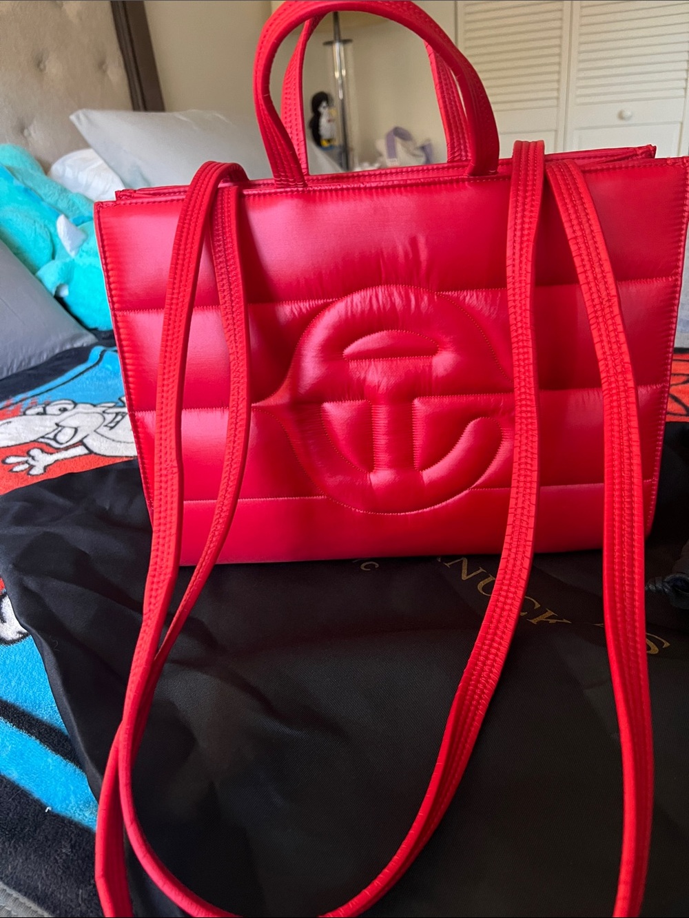 Telfar Red Quilted Shopping Tote with Signature Logo